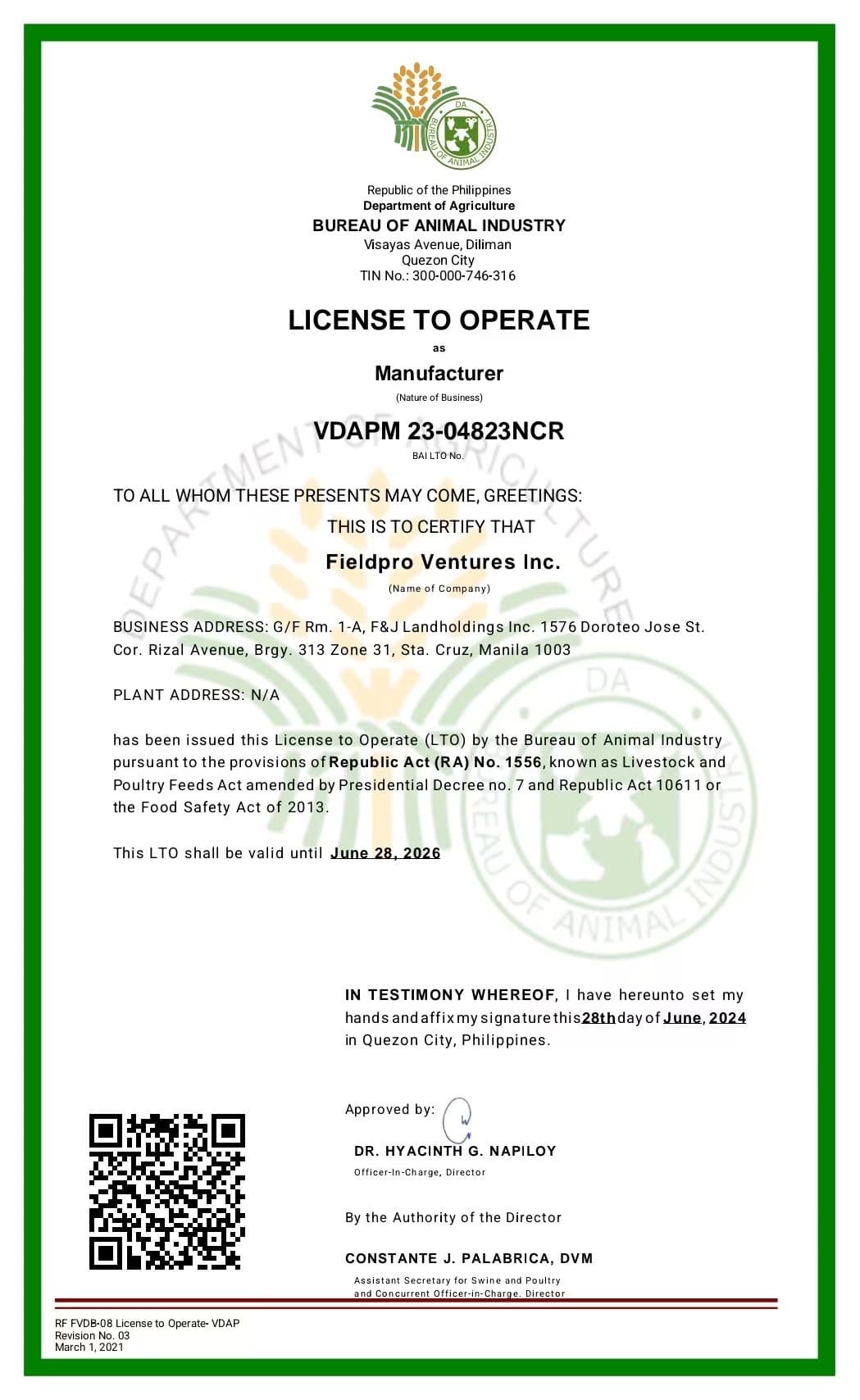 BAI License to Operate Certificate
